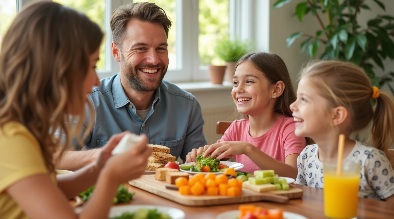 Family-Friendly Lunch Recipes That Kids and Adults Will Love 1 A family enjoying a healthy, colorful lunch with sandwiches and veggies, perfect for all ages.