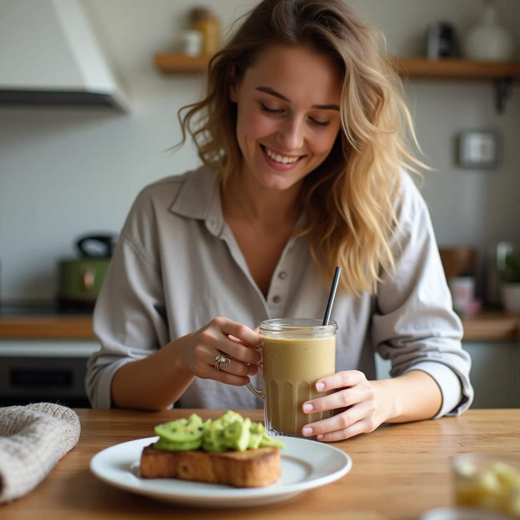 How to Prepare a 5-Minute High-Protein Breakfast Recipes 1 Person preparing a protein-packed smoothie and avocado toast in a kitchen, showcasing a quick and healthy breakfast.