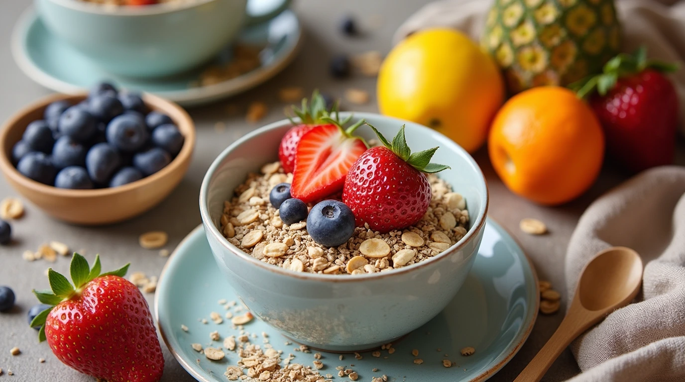 Fiber Breakfast Recipes: A Complete Guide to Boost Your Morning with Nutrients 1 A vibrant breakfast spread with oatmeal, chia seeds, fruits, and nuts showcasing a fiber-rich start to the day.