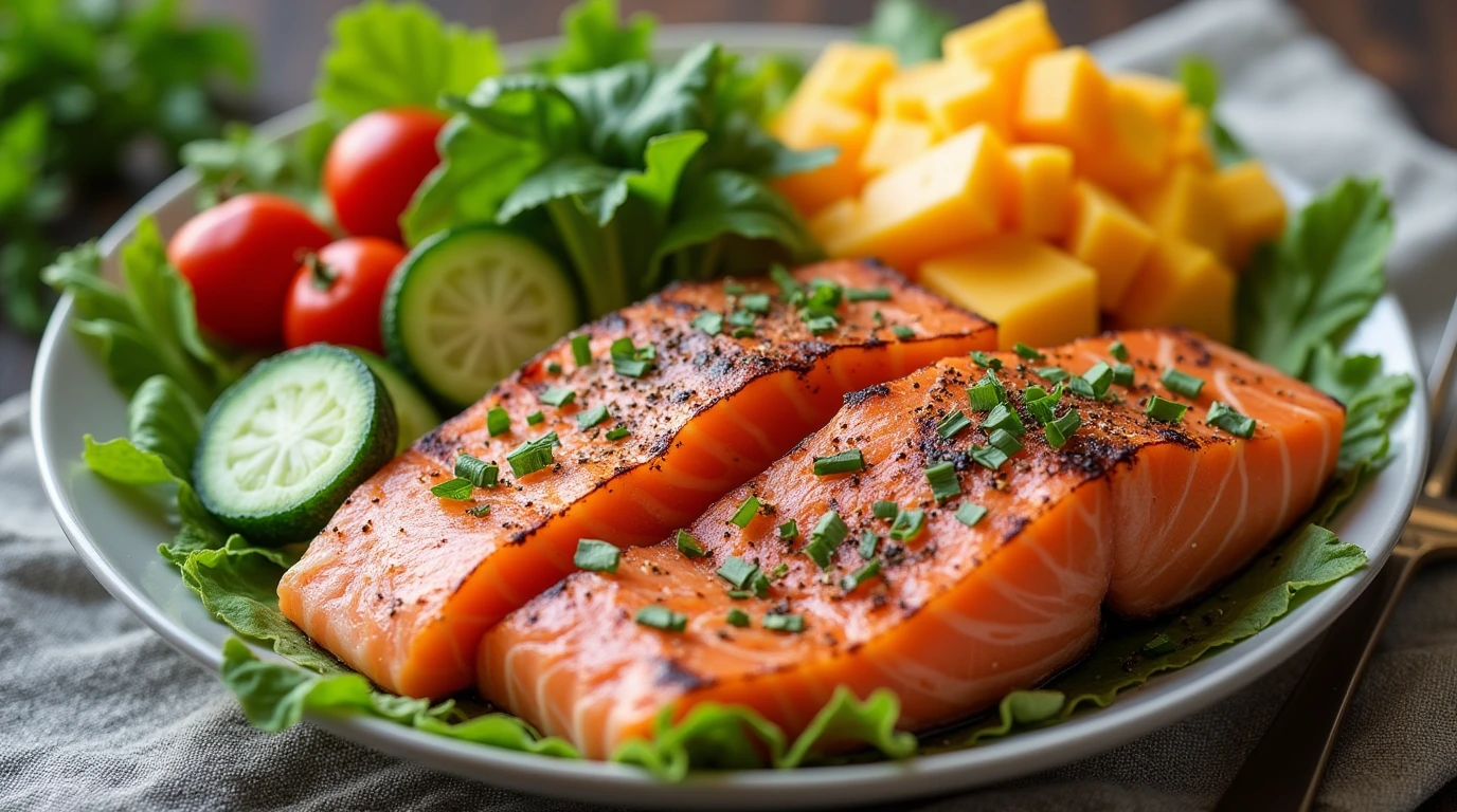 The Ultimate Guide to Healthy Keto Lunch Ideas 1 A vibrant keto lunch spread featuring fresh vegetables, grilled salmon, cheese, and healthy fats—perfect for delicious and nutritious keto lunch ideas.