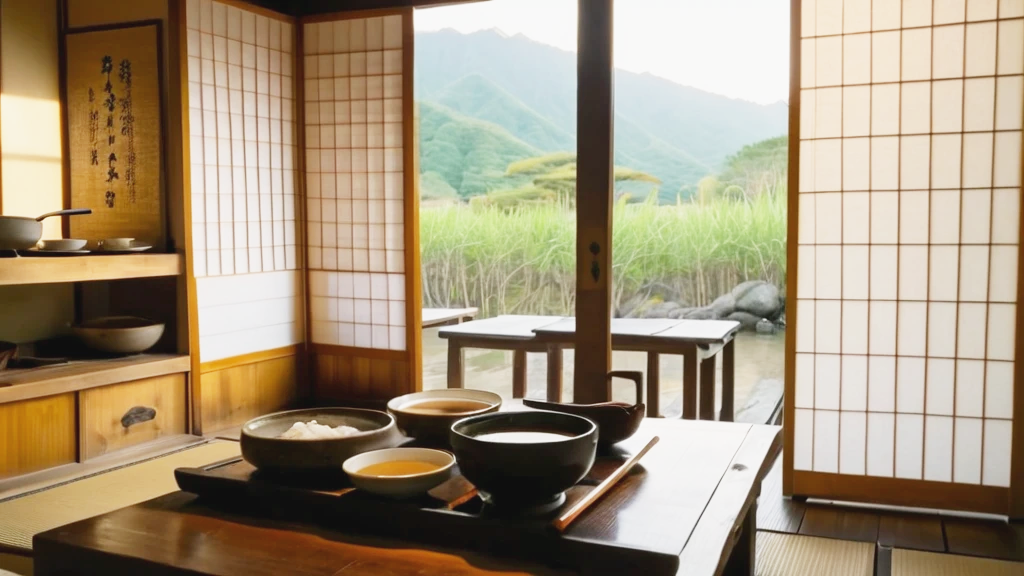 How to Prepare a Traditional Japanese Breakfast at Home 1 Traditional Japanese breakfast on a wooden table at sunrise, including rice, miso soup, and grilled fish.