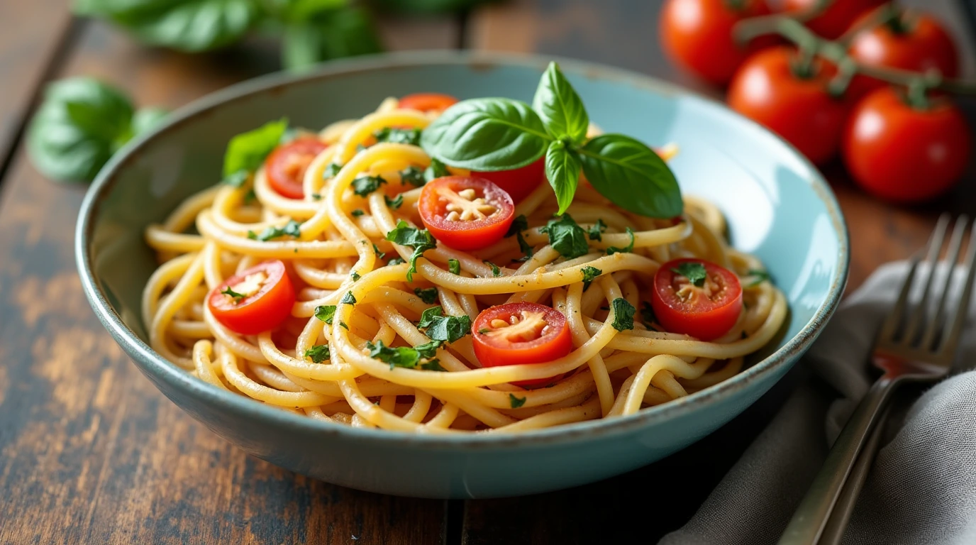 The Best Vegan Pasta Recipes: Delicious, Healthy, and Easy to Make 1 A delicious bowl of vegan pasta topped with fresh basil and cherry tomatoes, served on a rustic wooden table.
