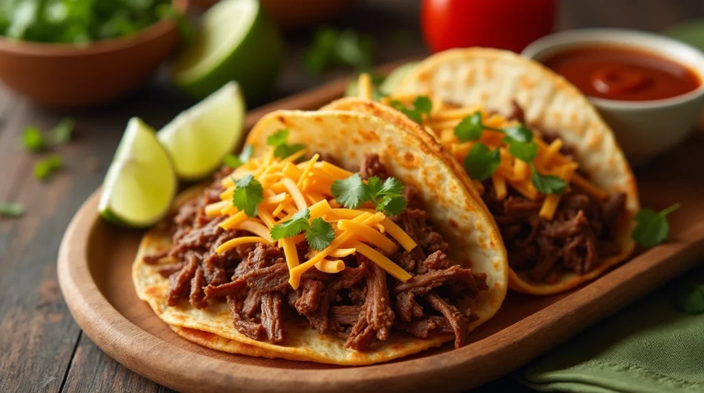 Delicious birria taco with crispy tortillas, shredded beef, and dipping consomé, showcasing the richness of the dish.