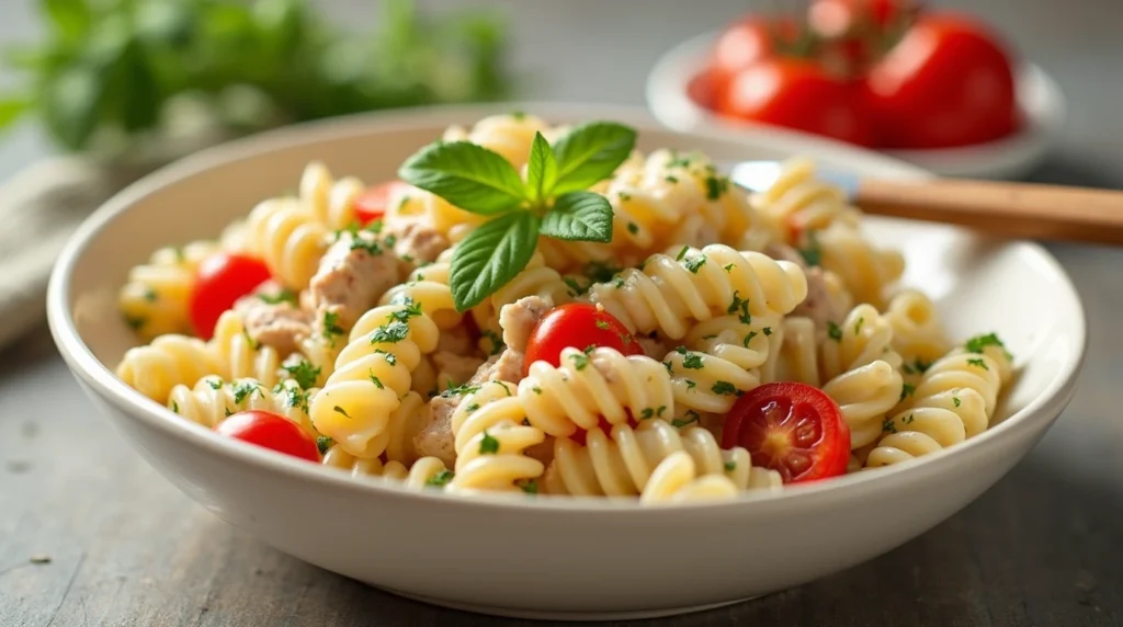 Delicious and vibrant tuna pasta salad Recipe with fresh veggies, creamy dressing, and tuna.