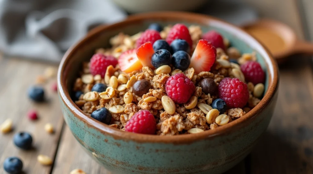 Bowl of homemade gluten-free granola with fresh fruits and nuts, perfect for a healthy breakfast.