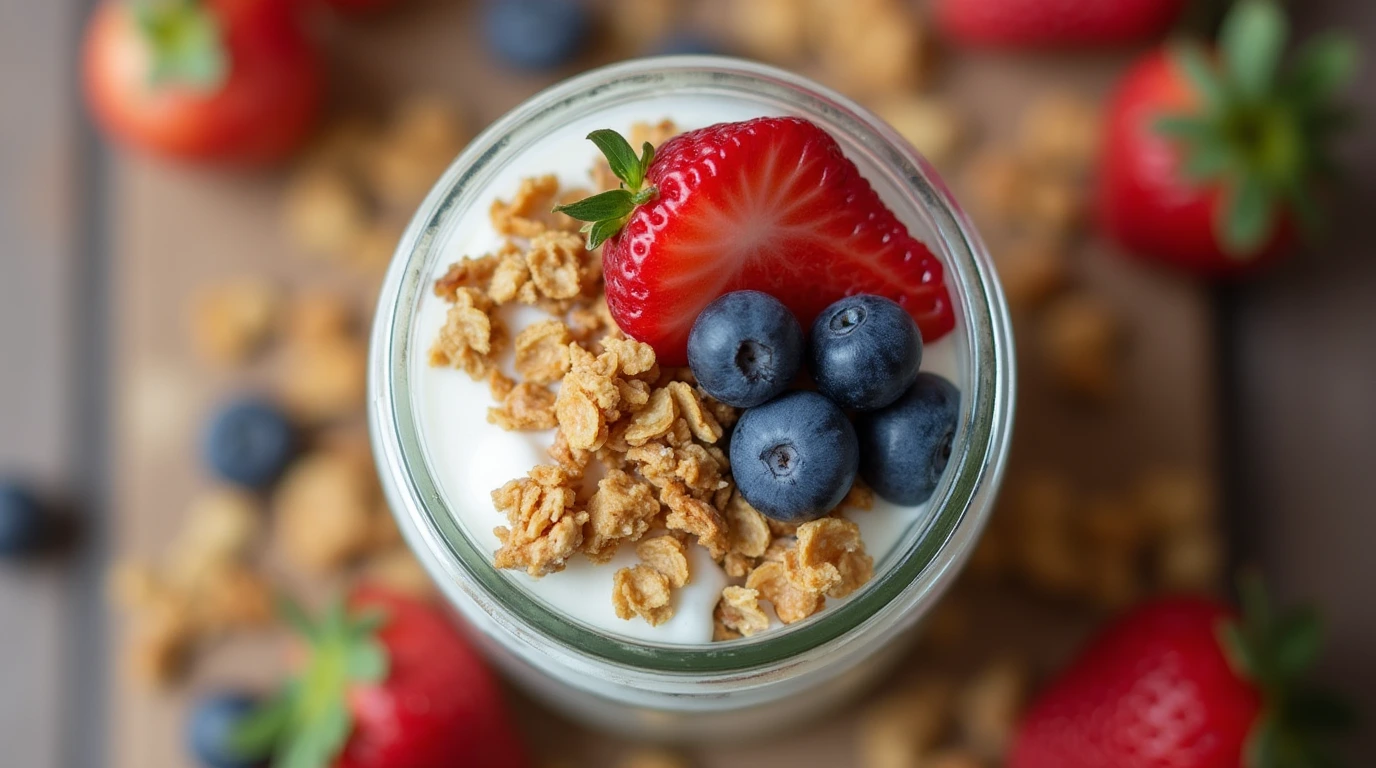 A Greek yogurt parfait layered with berries, granola, and honey in a glass jar.
