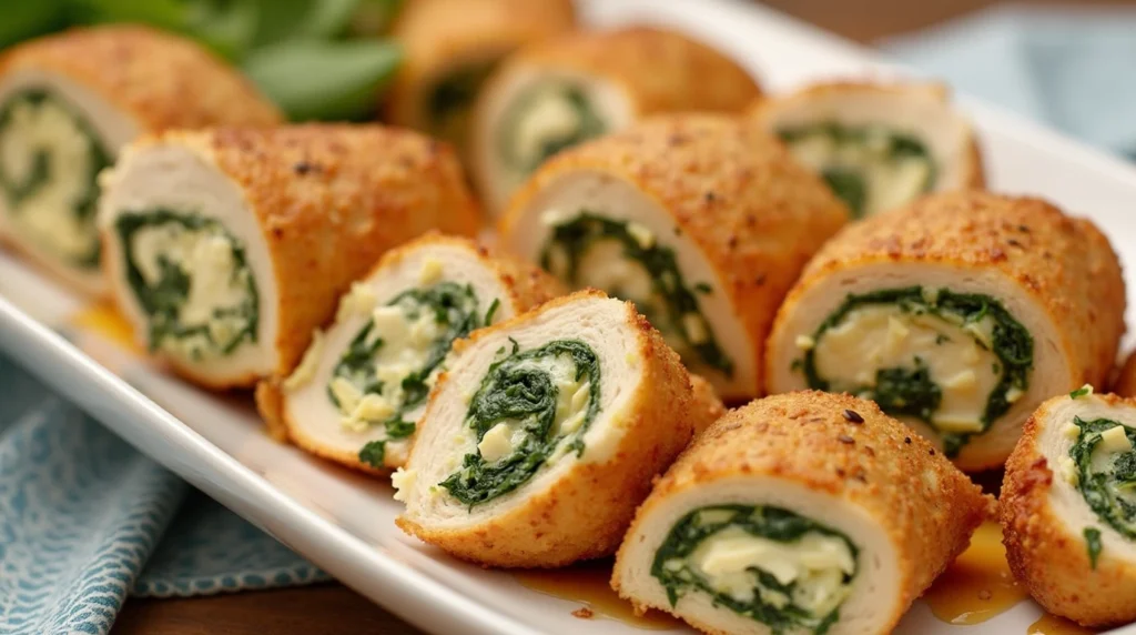 A platter of different stuffed chicken breasts with spinach, cheese, and colorful vegetable fillings, highlighting the versatility of stuffed chicken breast recipes.