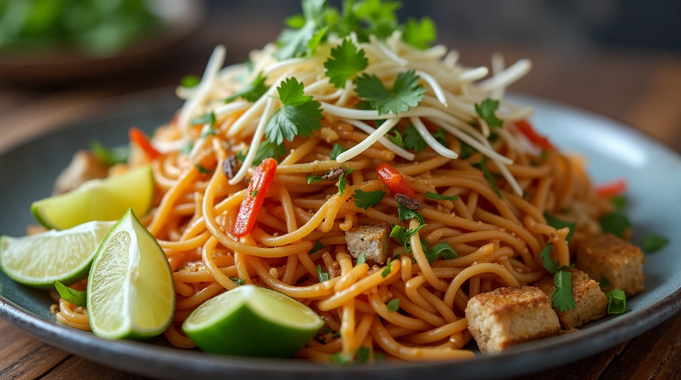 Delicious Vegan Pad Thai Recipe: A Flavorful, Plant-Based Twist 1 A delicious vegan Pad Thai recipe served with rice noodles, crispy tofu, peanuts, and fresh lime, showcasing vibrant Thai flavors.