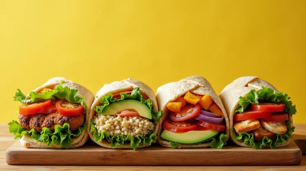 A variety of delicious wrap recipes for lunch, featuring fresh ingredients like lettuce, tomatoes, and grilled chicken on a wooden board.
