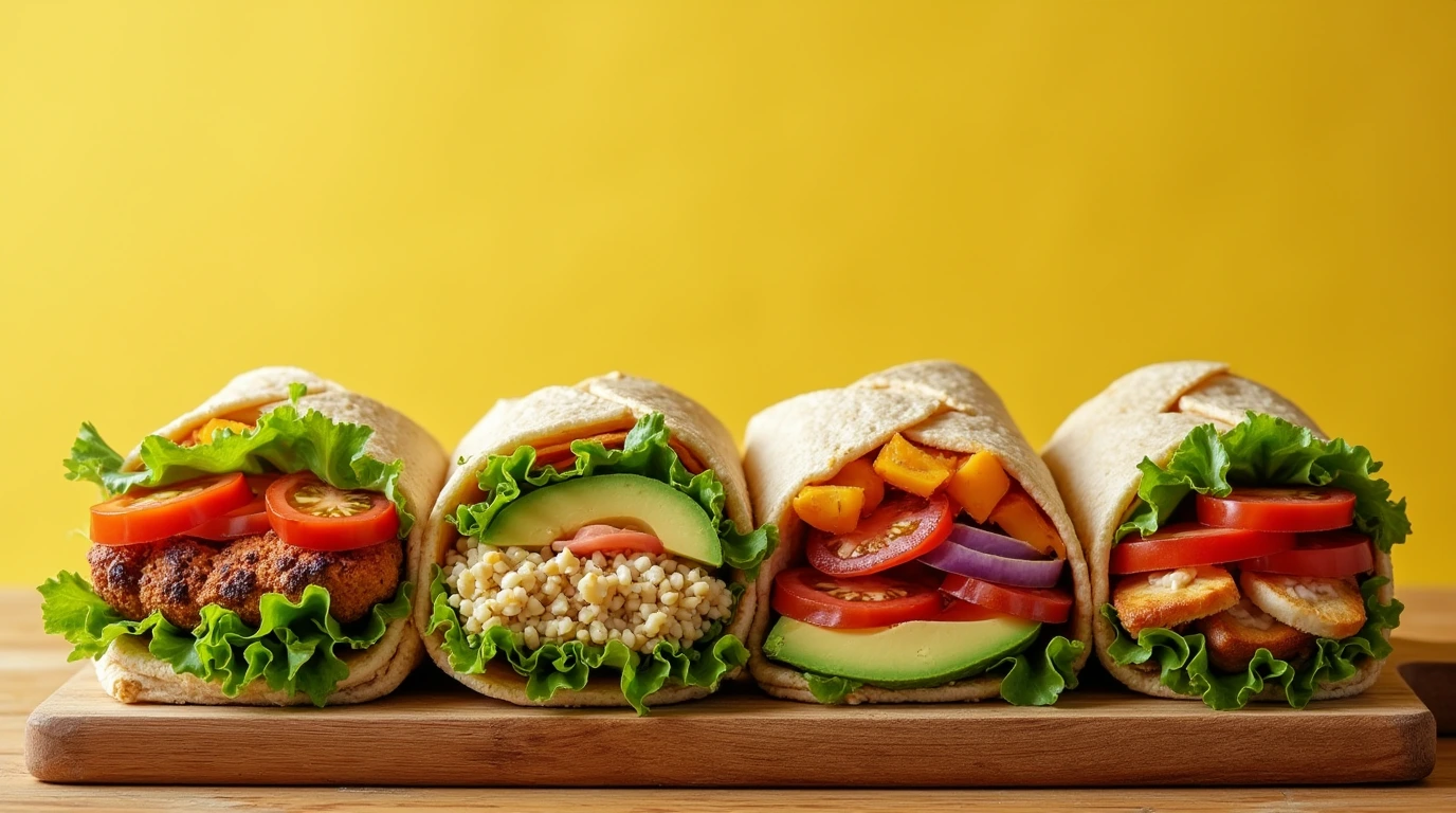 Wrap Recipes for Lunch: 8 Kid-Approved Options They'll Love 1 A variety of delicious wrap recipes for lunch, featuring fresh ingredients like lettuce, tomatoes, and grilled chicken on a wooden board.
