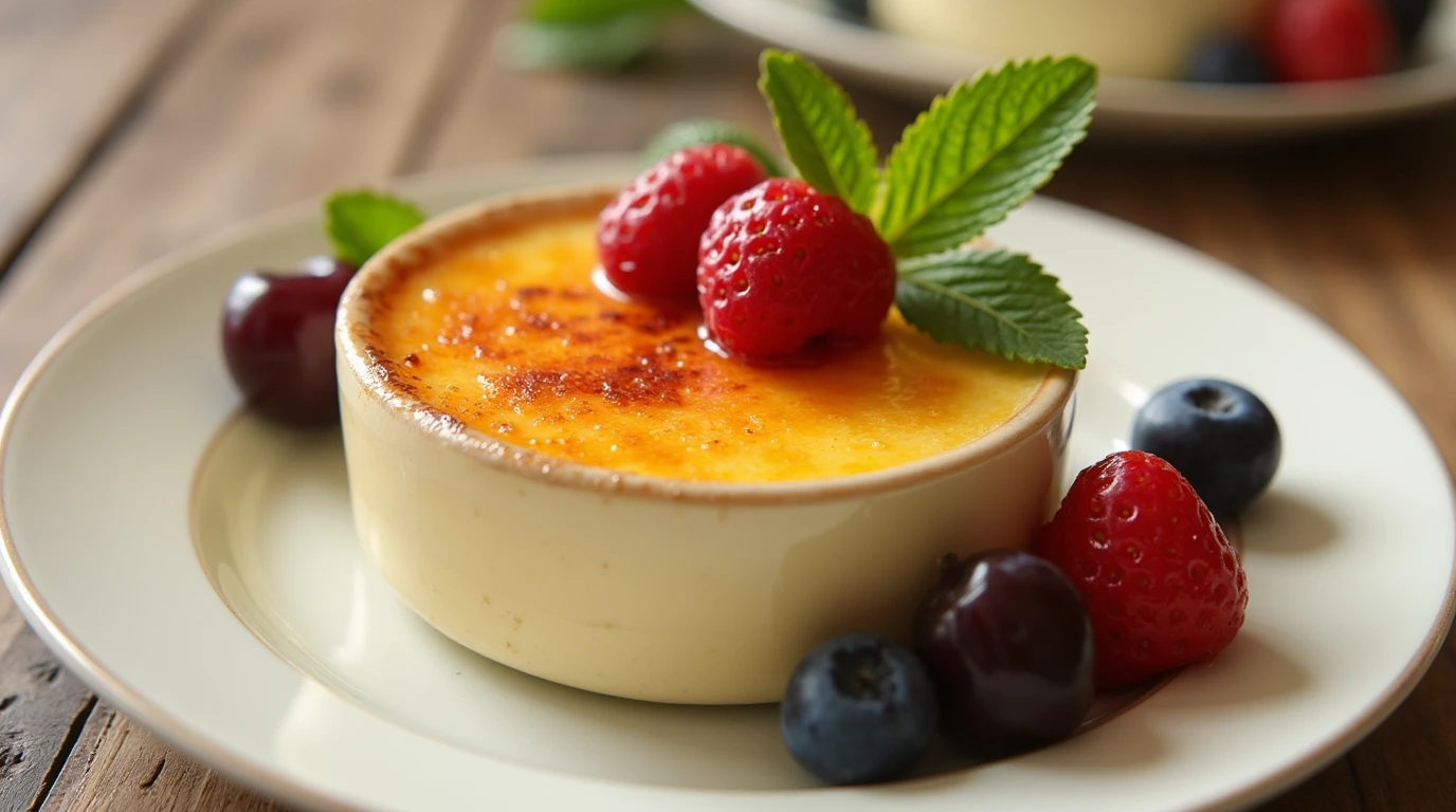 Creme Brulee Recipe: How to Master It in Just 20 Minutes 1 Creme Brulee Recipe - Crème brûlée with golden caramelized sugar topping and fresh berries, served in a ramekin.