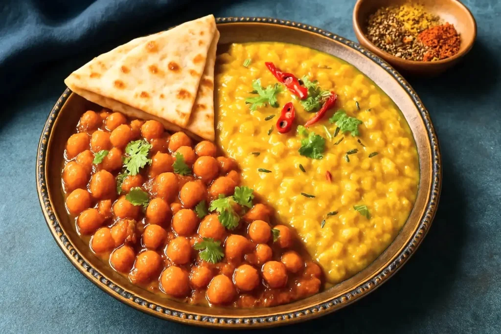 10 High Protein Vegetarian Lunch Ideas to Keep You Full 3 Traditional Indian vegetarian dish with lentils, chickpeas, and spices, highlighting plant-based proteins.