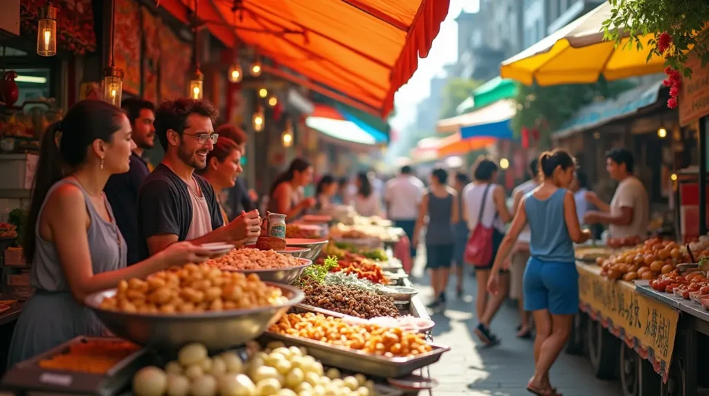 A lively daytime street food market with diverse traditional dishes and happy people enjoying the vibrant atmosphere.