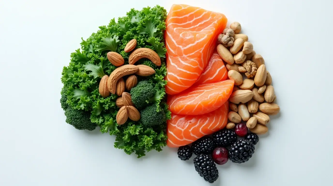 Visual representation of the food and mood connection, showing how healthy foods support brain and emotional wellbeing.