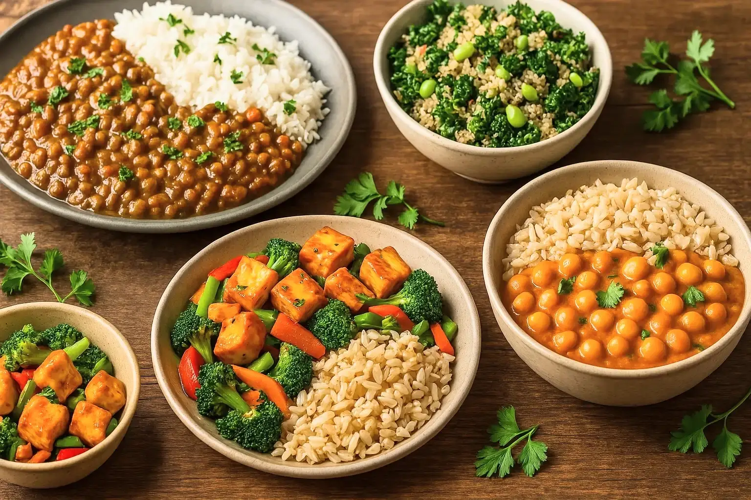 10 High Protein Vegetarian Lunch Ideas to Keep You Full 1 A variety of high protein vegetarian lunch ideas featuring lentils, tofu, quinoa, and chickpeas.