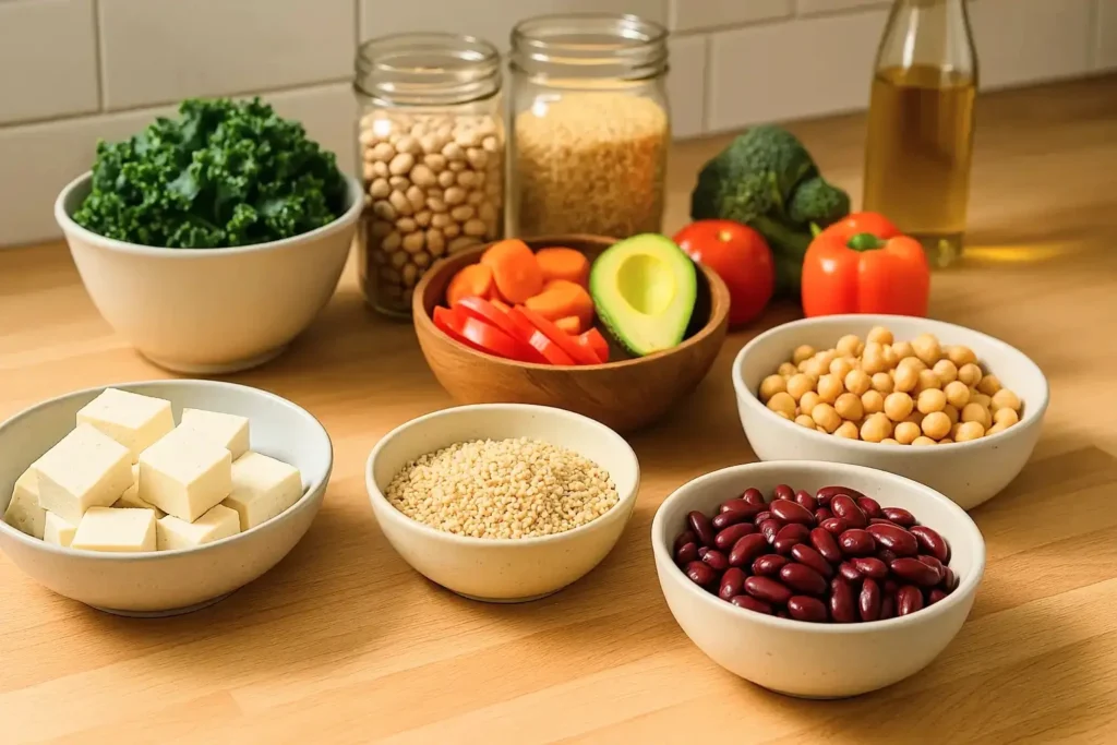 10 High Protein Vegetarian Lunch Ideas to Keep You Full 2 Ingredients for high-protein vegetarian lunch ideas including tofu, quinoa, beans, and fresh vegetables.