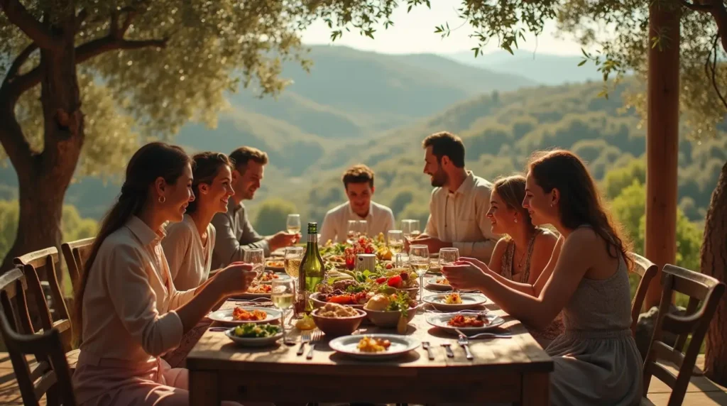 Italian family dining outdoors, illustrating the heart of italian cuisine culture through shared meals and natural scenery.
