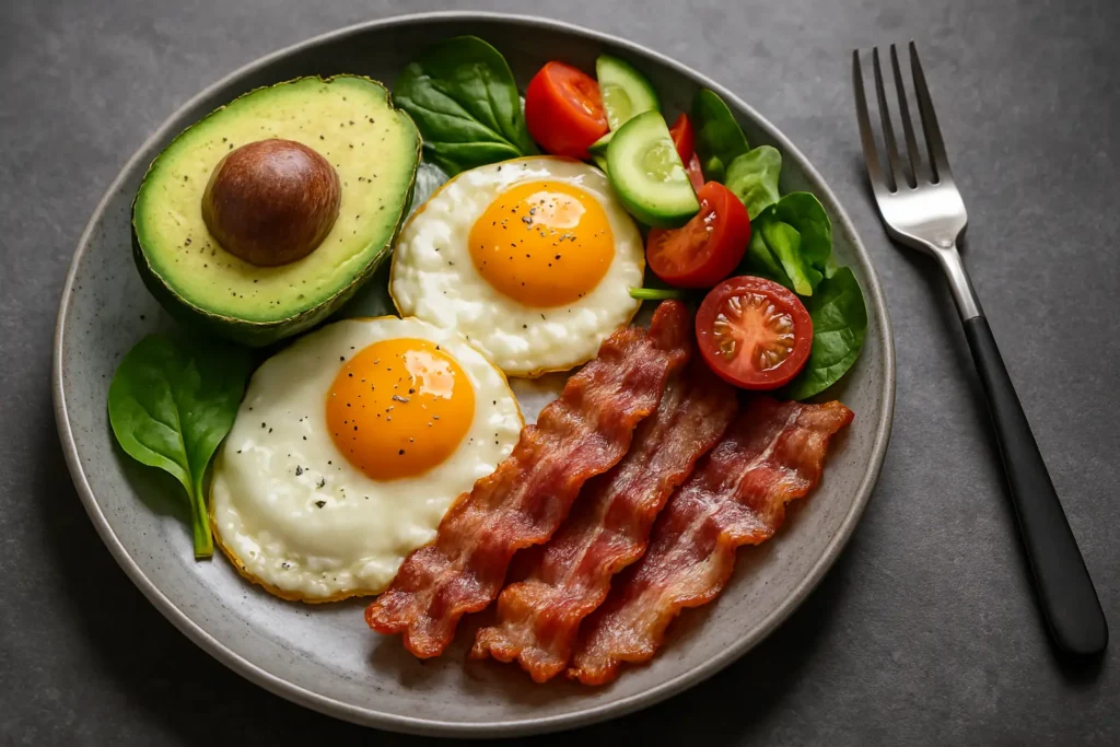 Keto breakfast plate with avocado, eggs, bacon, and veggies, highlighting a healthy low-carb keto breakfast recipes.
