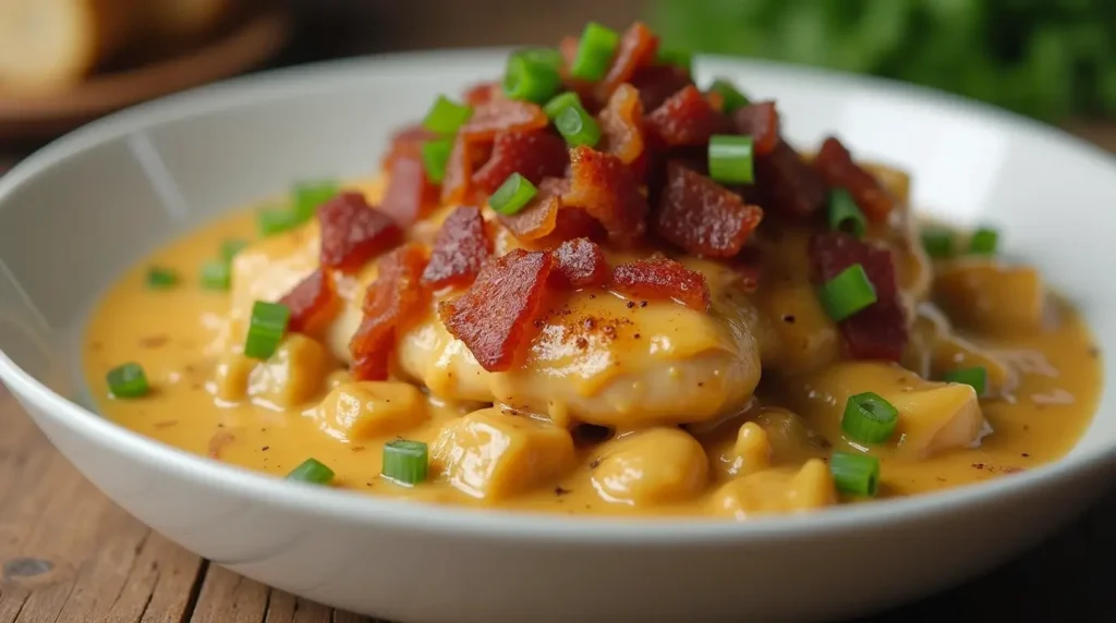 A bowl of creamy Keto Crack Chicken topped with bacon and green onions, served on a rustic wooden table.