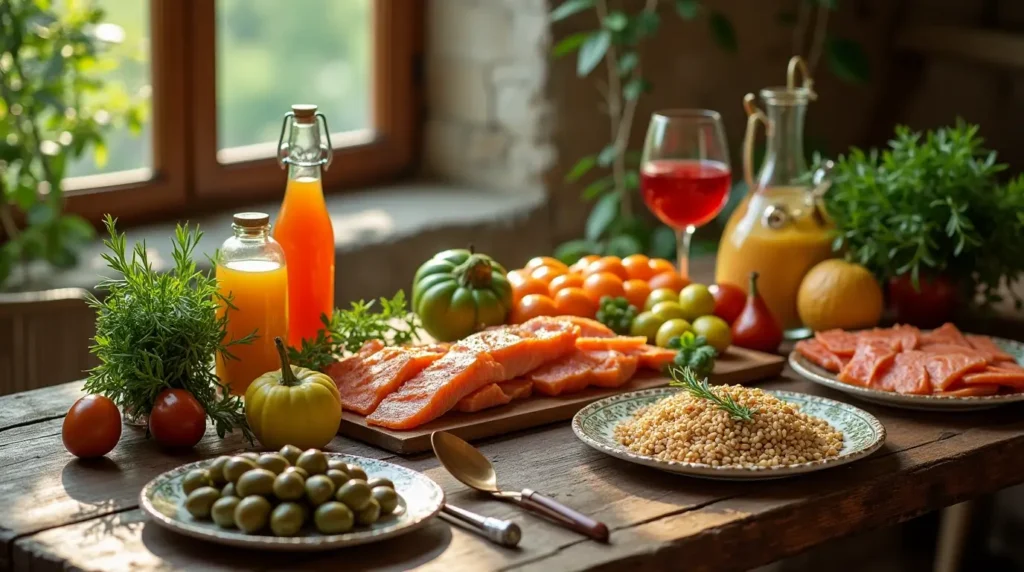Mediterranean diet meal spread showing balanced eating habits that support food and mood connection.