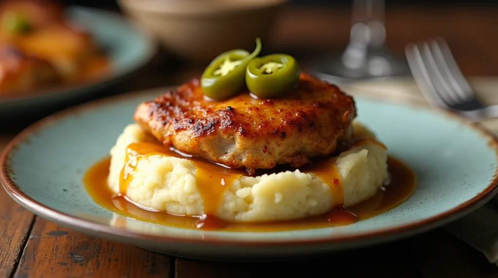 Mississippi Chicken served over creamy mashed potatoes, topped with rich gravy and sliced jalapeños on a rustic plate.