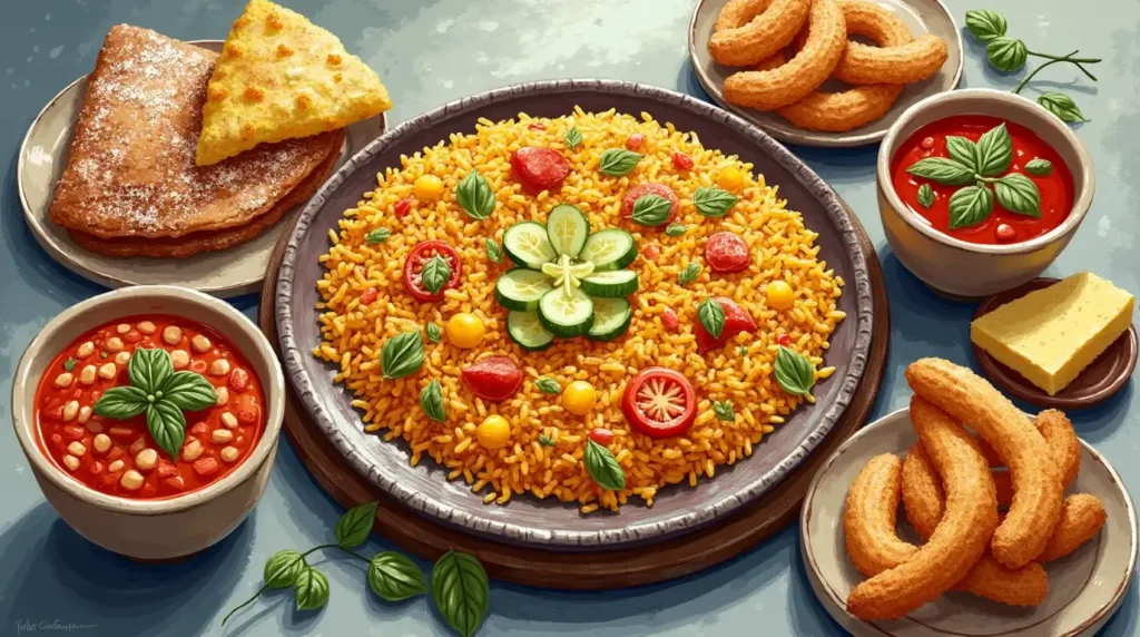 Traditional Spanish food spread featuring Paella Valenciana, Tortilla Española, Gazpacho, Patatas Bravas, and Churros with chocolate, served on a rustic wooden table.