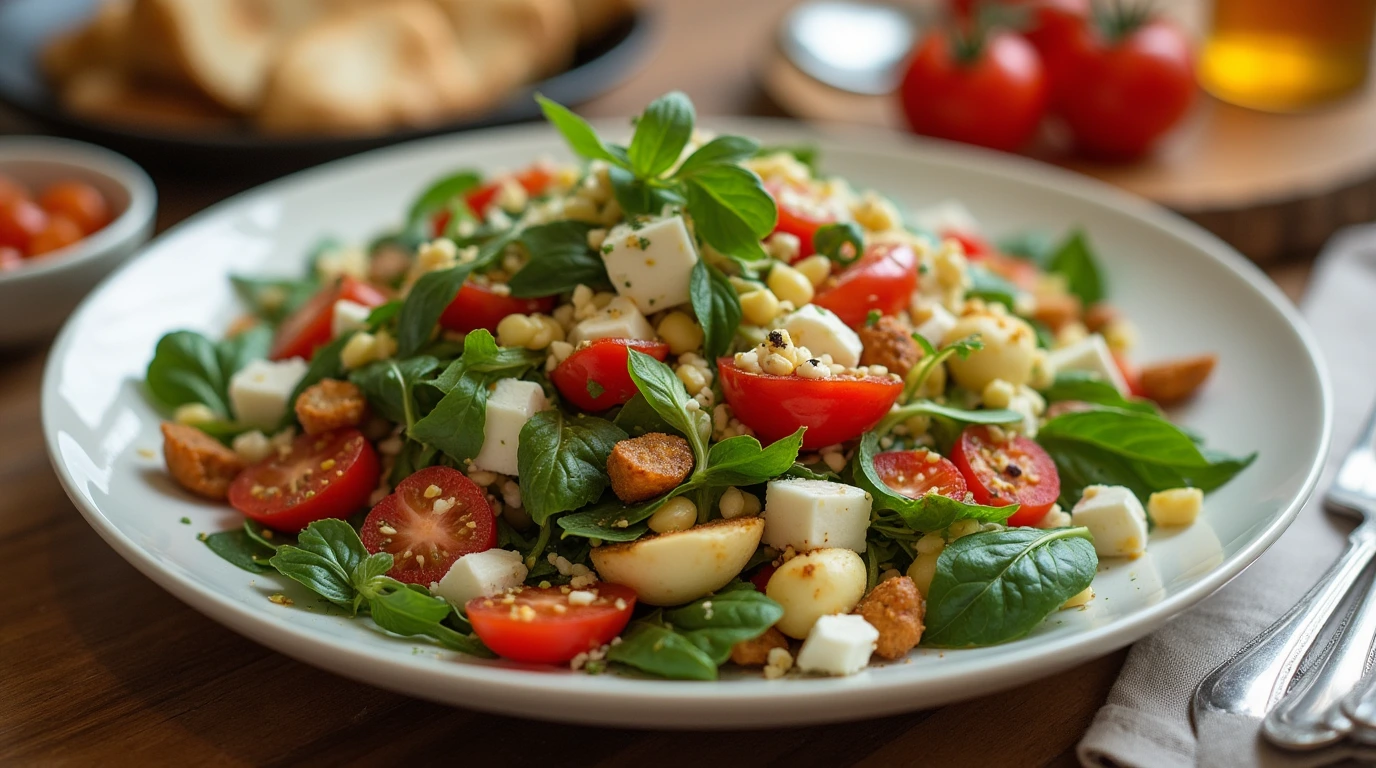 How to Craft the Best Grecian Salad at Home 1 A fresh and colorful Grecian Salad served on a white plate, topped with cherry tomatoes, feta cubes, crisp greens, croutons, and a light olive oil drizzle.