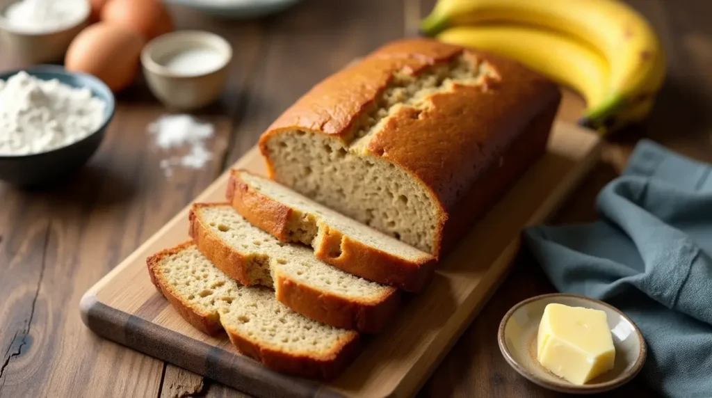 Freshly baked banana bread recipe with ingredients on wooden table