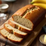 Freshly baked banana bread recipe with ingredients on wooden table