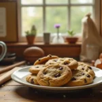 A cozy American kitchen setup showing ingredients and tools used in a perfect Chocolate Chip Cookies Recipe, with freshly baked cookies on a rustic counter.