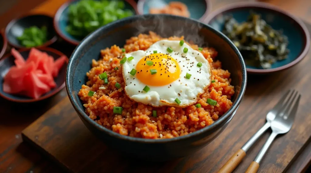 A bowl of kimchi fried rice topped with a fried egg and garnished with scallions and sesame seeds, showcasing why kimchi fried rice is a cult favorite comfort food.
