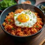 A bowl of kimchi fried rice topped with a fried egg and garnished with scallions and sesame seeds, showcasing why kimchi fried rice is a cult favorite comfort food.