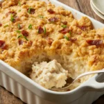 Golden, crispy Neiman Marcus Chicken Casserole in a white dish with creamy cheesy chicken and bacon filling.